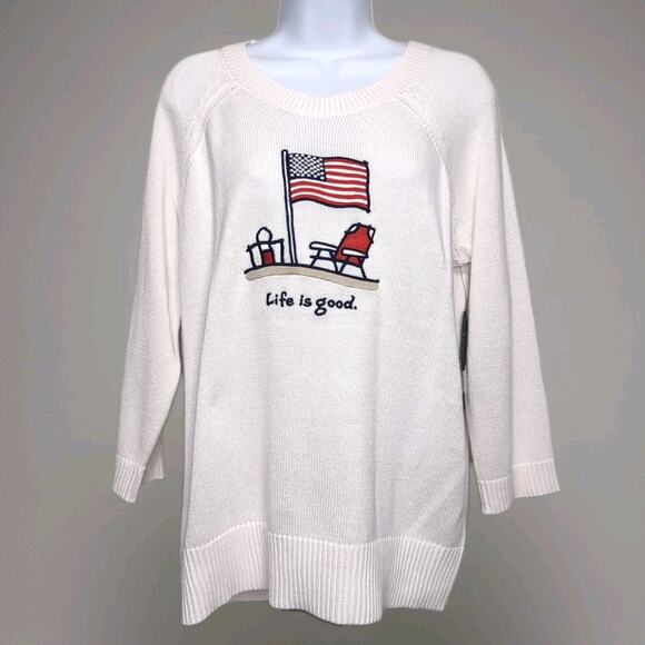 Life Is Good Pullover Sweater Womens Size L Cream American Flag Beach NEW NWT - Picture 1 of 12